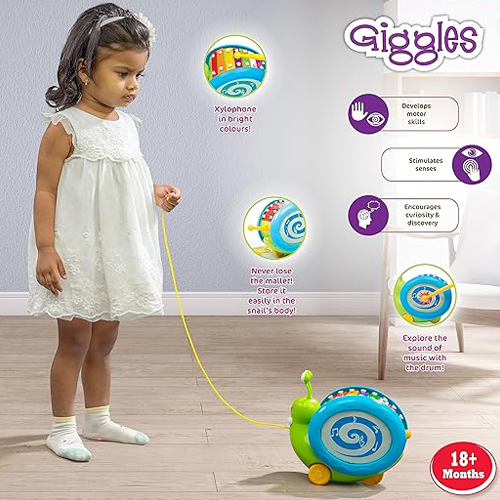 Funskool Giggles - 3 in 1 Pull Along Musical Snail,Toys for Kids, Xylophone for Kids, Drum Set, Walking Preschool Toys (18 Months & Above, Infant, Multicolour