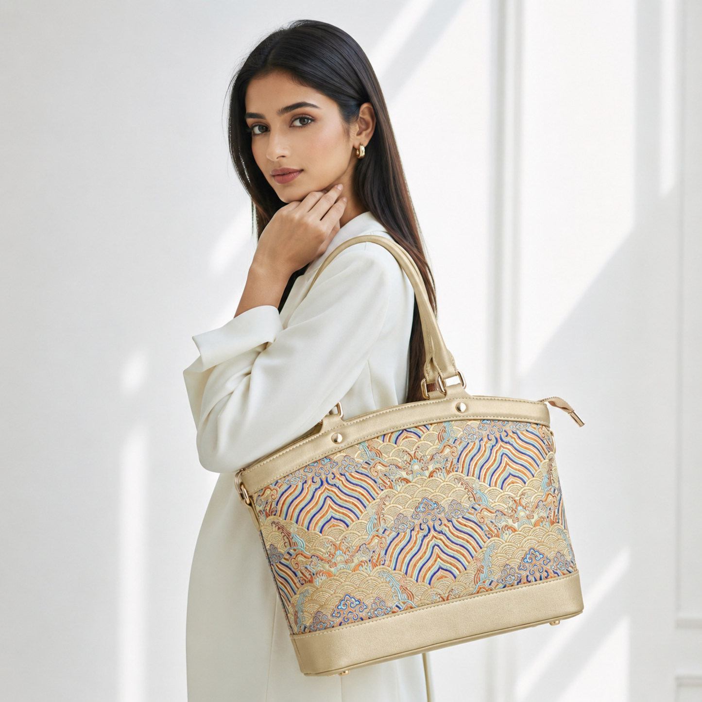 Premium Leather Handbag with Hangzhou Silk for Women