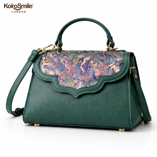 Emerald Silk Flap Leather Handbag with Top Handle & Sling