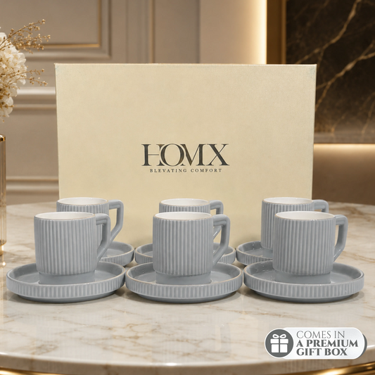 Premium Grey-Gold Rim Ribbed Ceramic Mug & Saucer - Set of 6 (100ml each)
