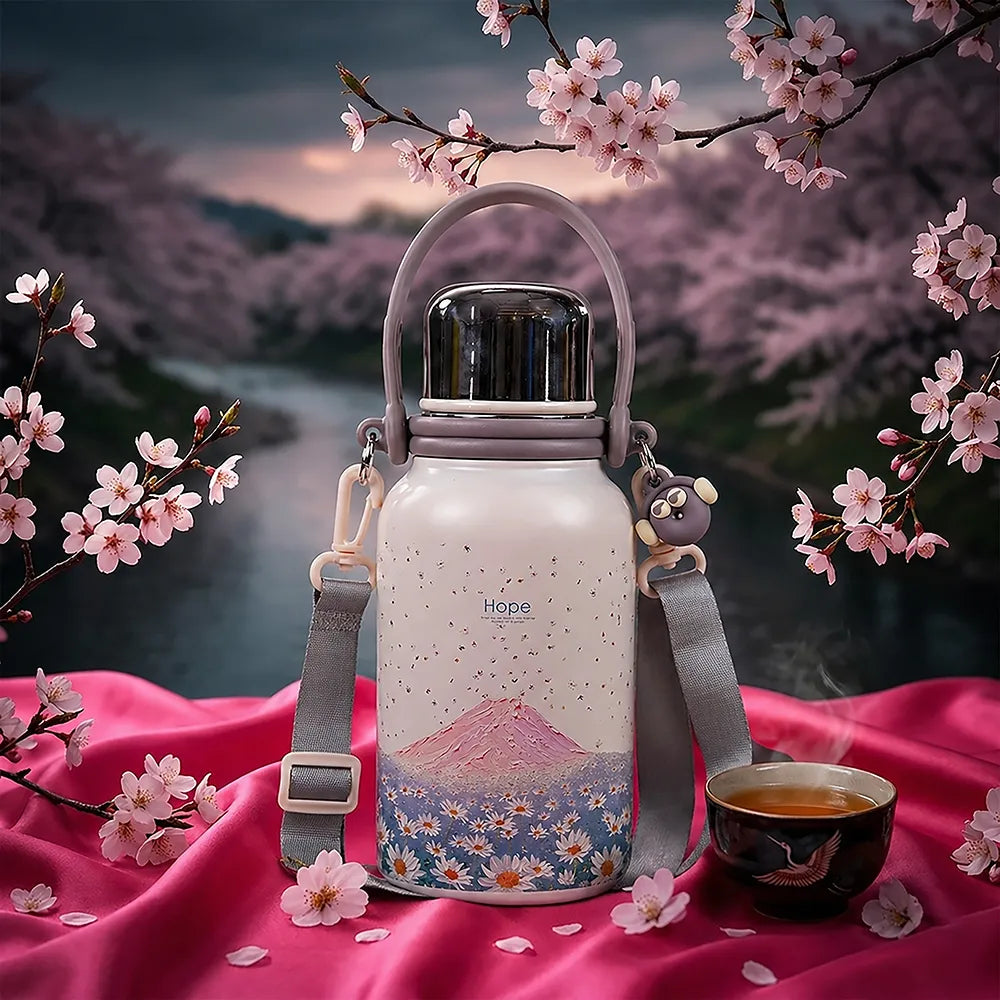 Daisy Bloom Floral Print Insulated Thermal Flask with strap 1200ml