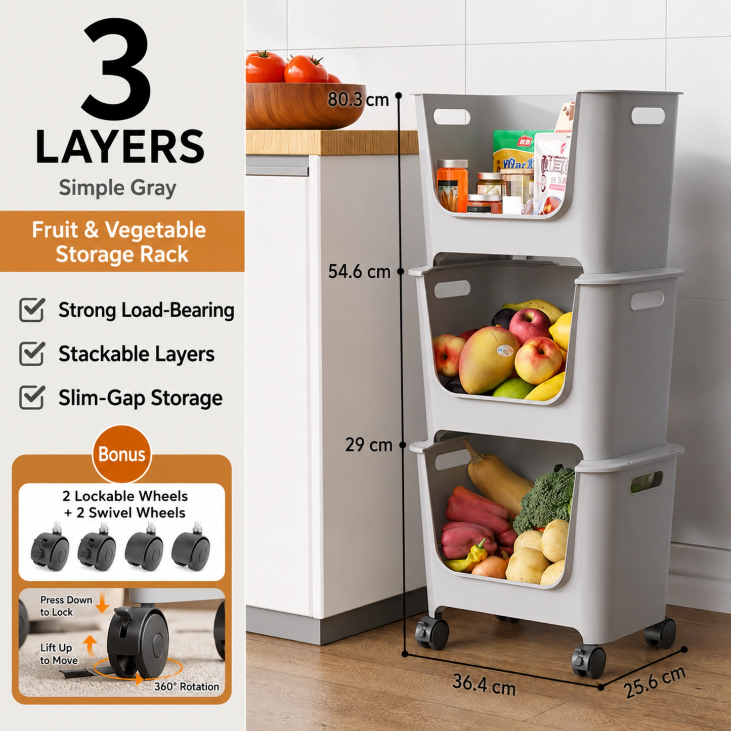HOMX 3-Tier Stackable Storage Cart with Lockable Wheels, Open-Front Design