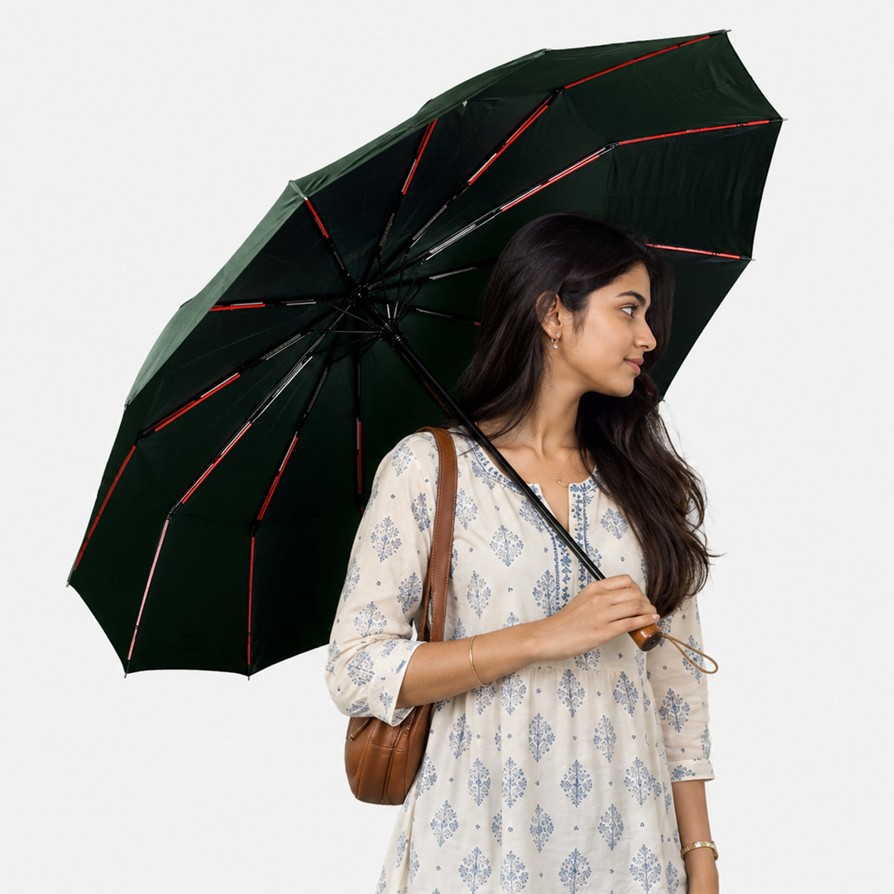 Premium UV Protection Umbrella with 12K Fiber Ribs & Wooden Handle