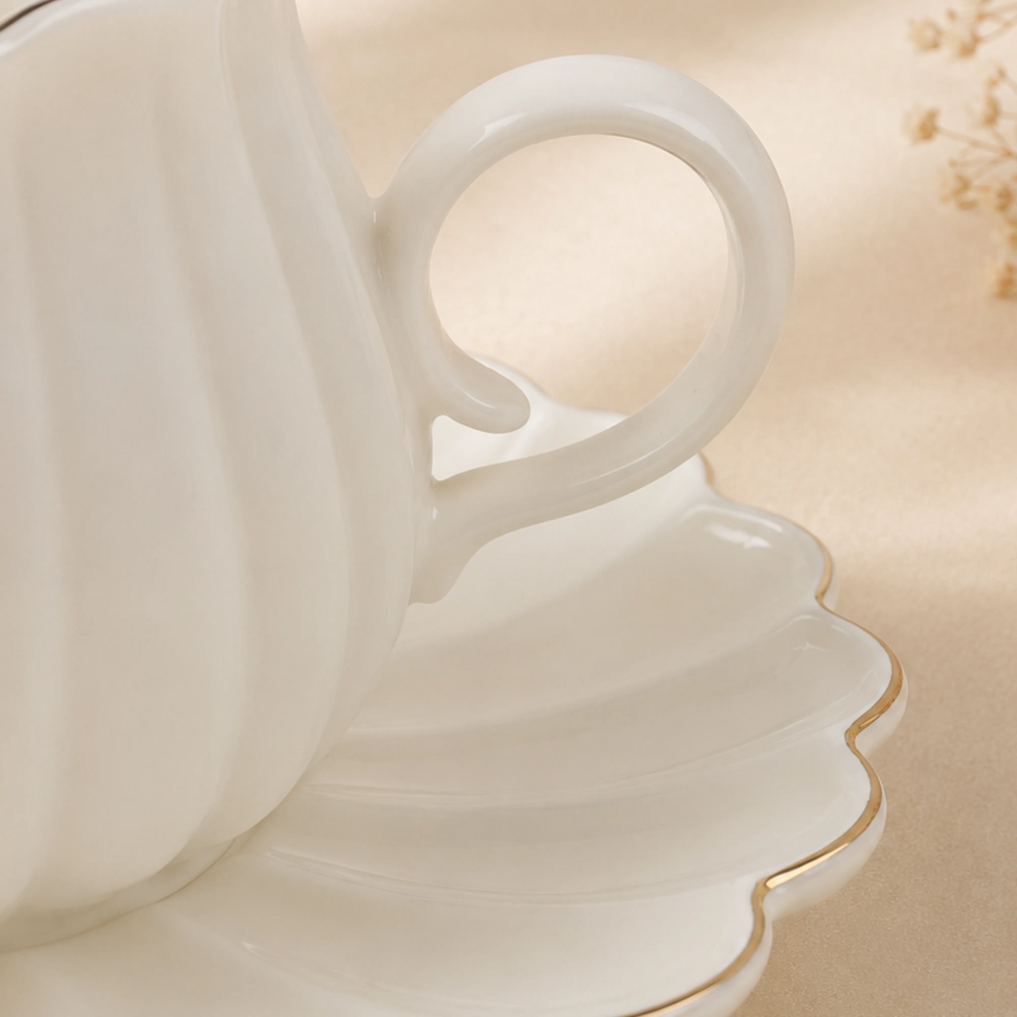 Ivory Luxe Gold Rim Ceramic Tea & Coffee Mug Set with Saucers (6 Pcs) - 250ml each
