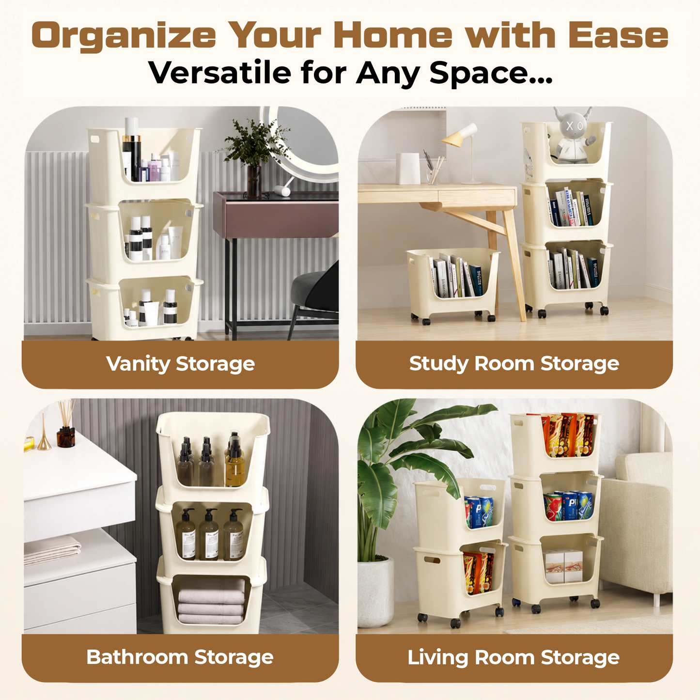 HOMX 4-Tier Stackable Storage Cart, Milky White, Lockable Wheels & Handles