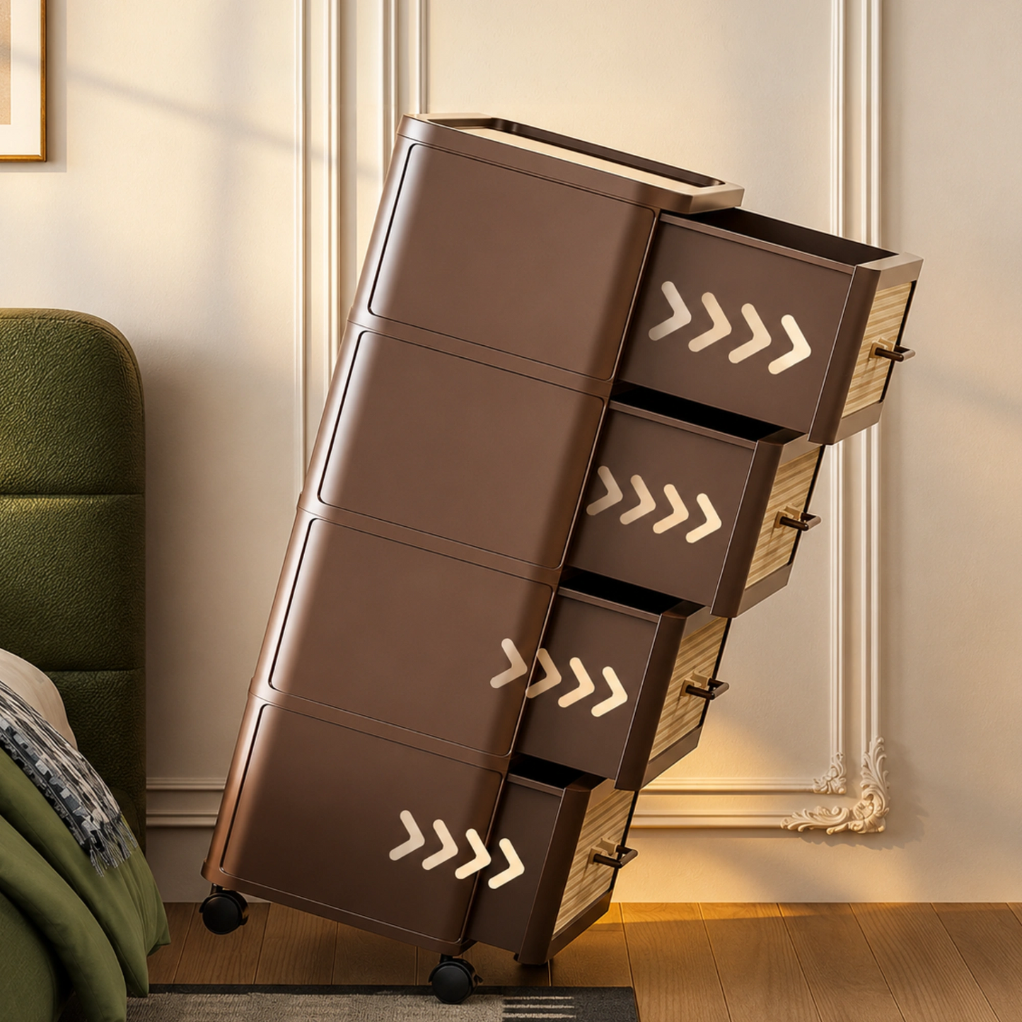 HOMX Rattan 4-Drawer Storage Cart – Rolling Organizer with Rounded Corners
