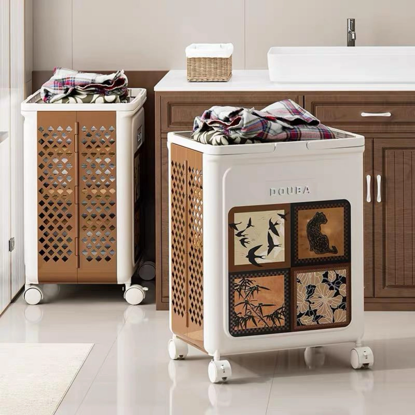 HOMX Foldable Laundry Basket, Vintage Design, Wheels with Brakes