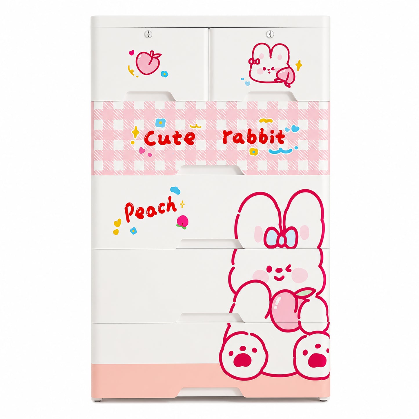 Cute Rabbit Kids PP Storage Cabinet with Lockable Drawers & Mobile Pulley