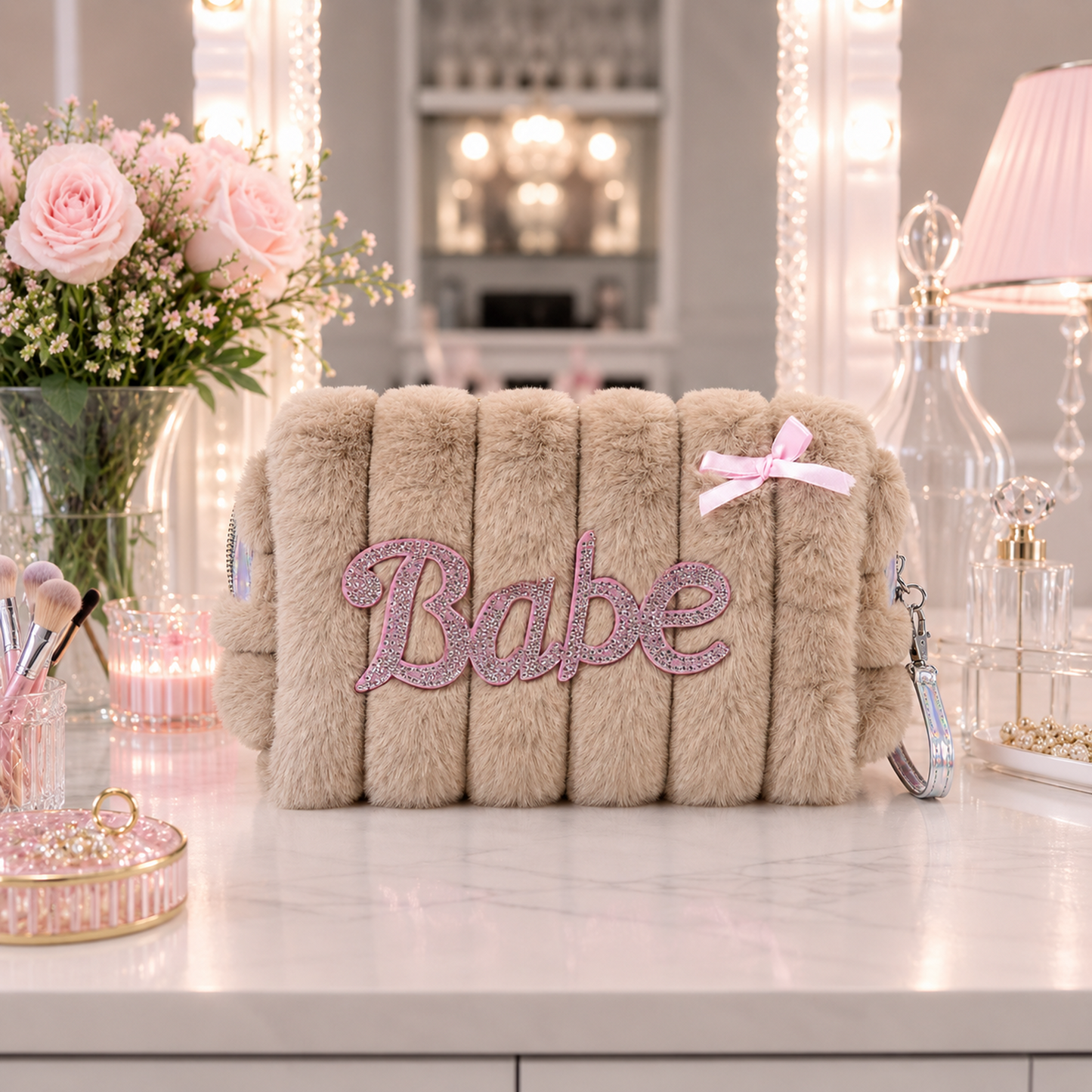 KokoSmile Plush Glam Makeup Bag – Faux Fur Beauty Organizer