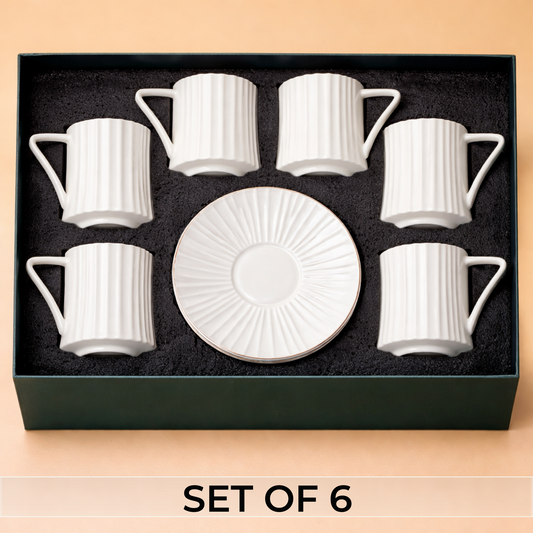 Ivory Blue Ribbed Ceramic Tea/Coffee Mug & Saucer- Set of 6