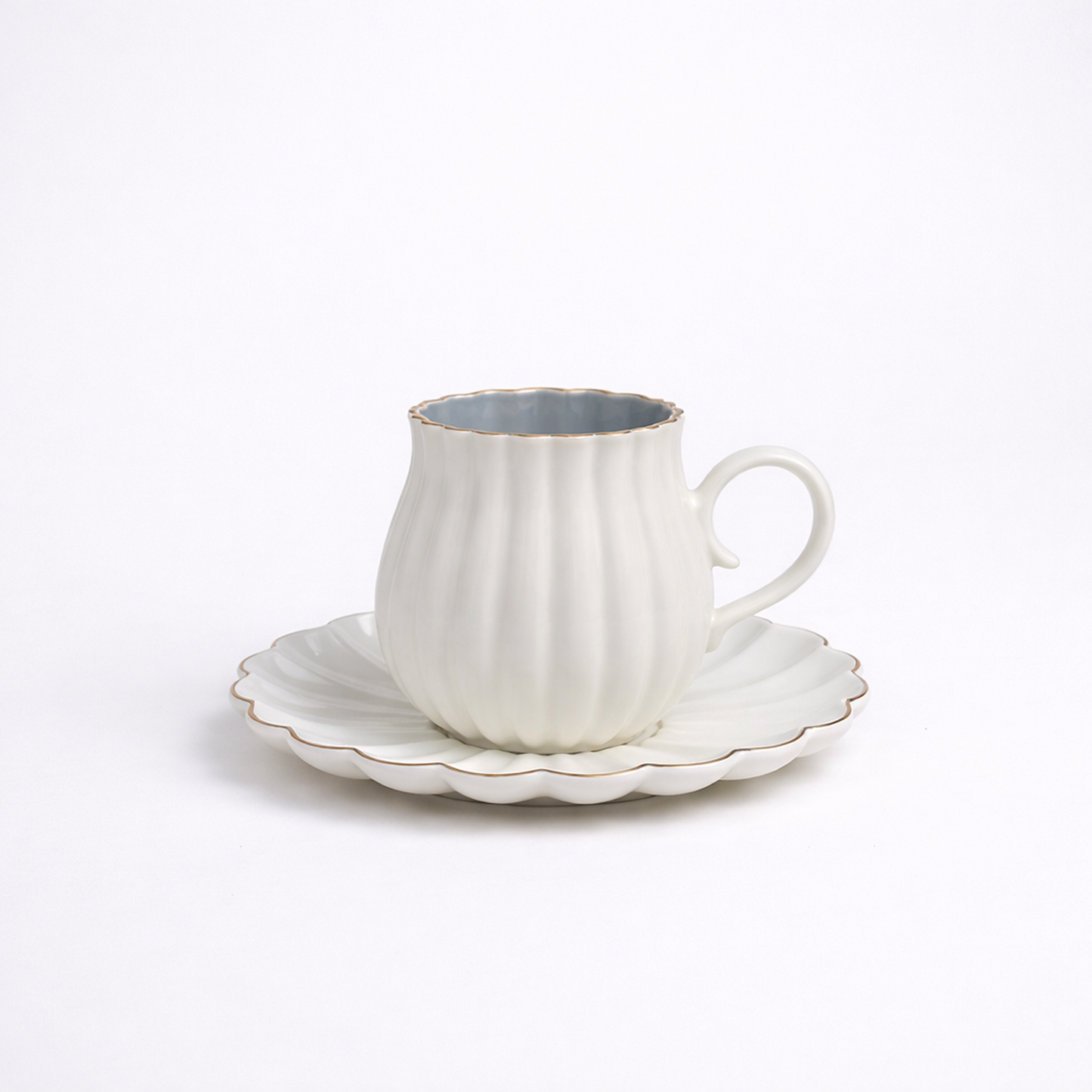 Ivory Luxe Gold Rim Ceramic Tea & Coffee Mug Set with Saucers (6 Pcs)Elegant Ribbed Design | Luxury White Coffee Cups with Plates | Microwave & Dishwasher Safe | Ideal for Home, Office & Gifting