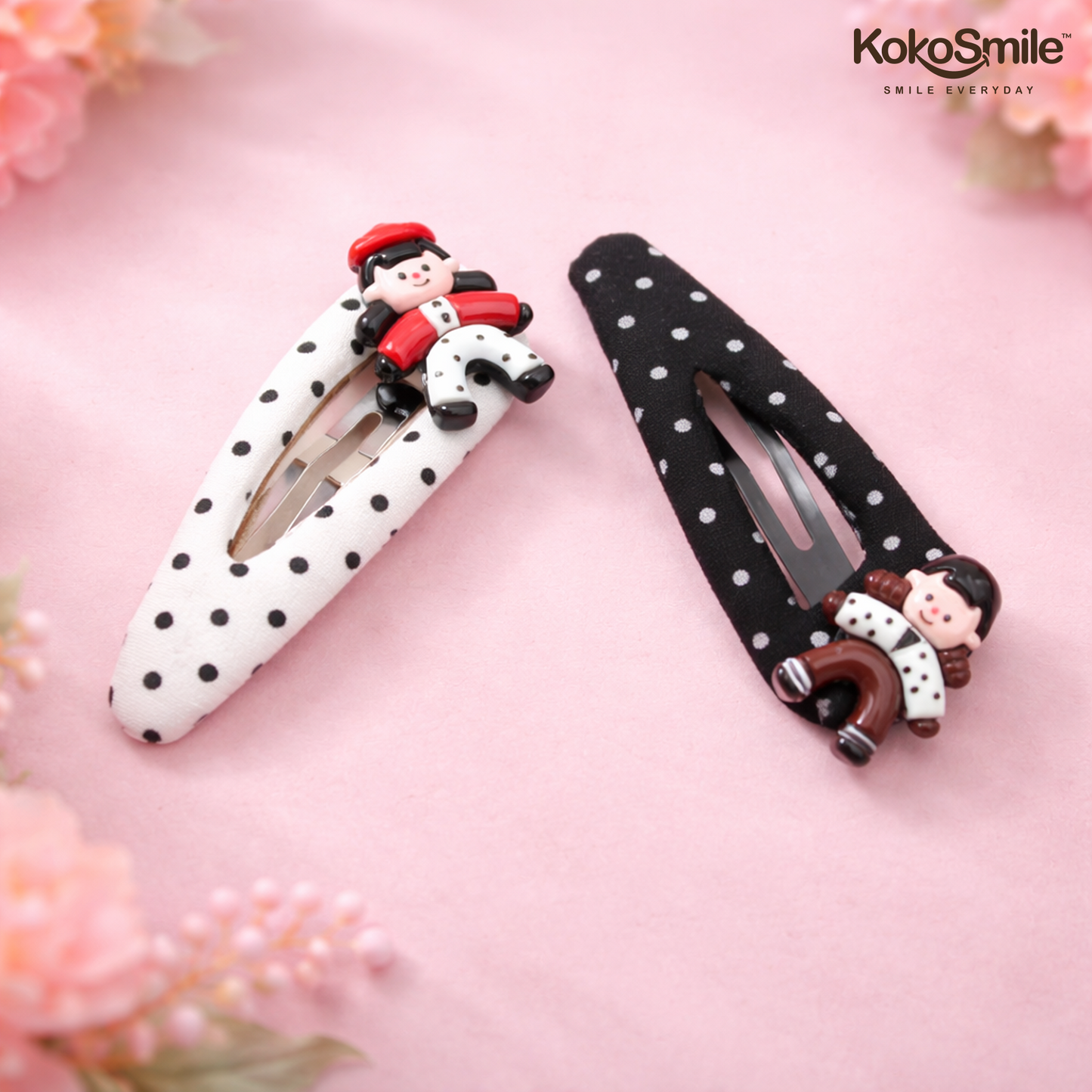Polka Dot Fabric Hair Snap Clips with Doll Embellishment - Set of 2