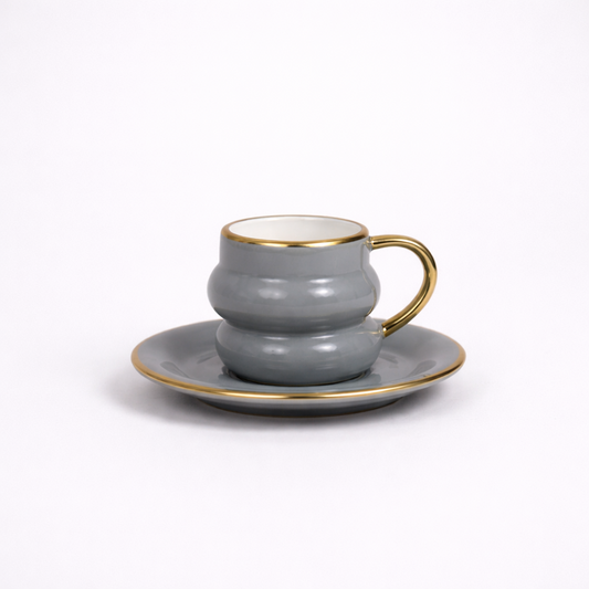 Luxury Smoky Grey Gold Rim Ceramic Mug & Saucer - Set of 6