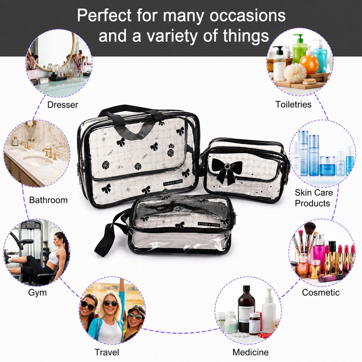 KokoSmile Clear Cosmetic Storage Bags – Travel Organizer Set of 3