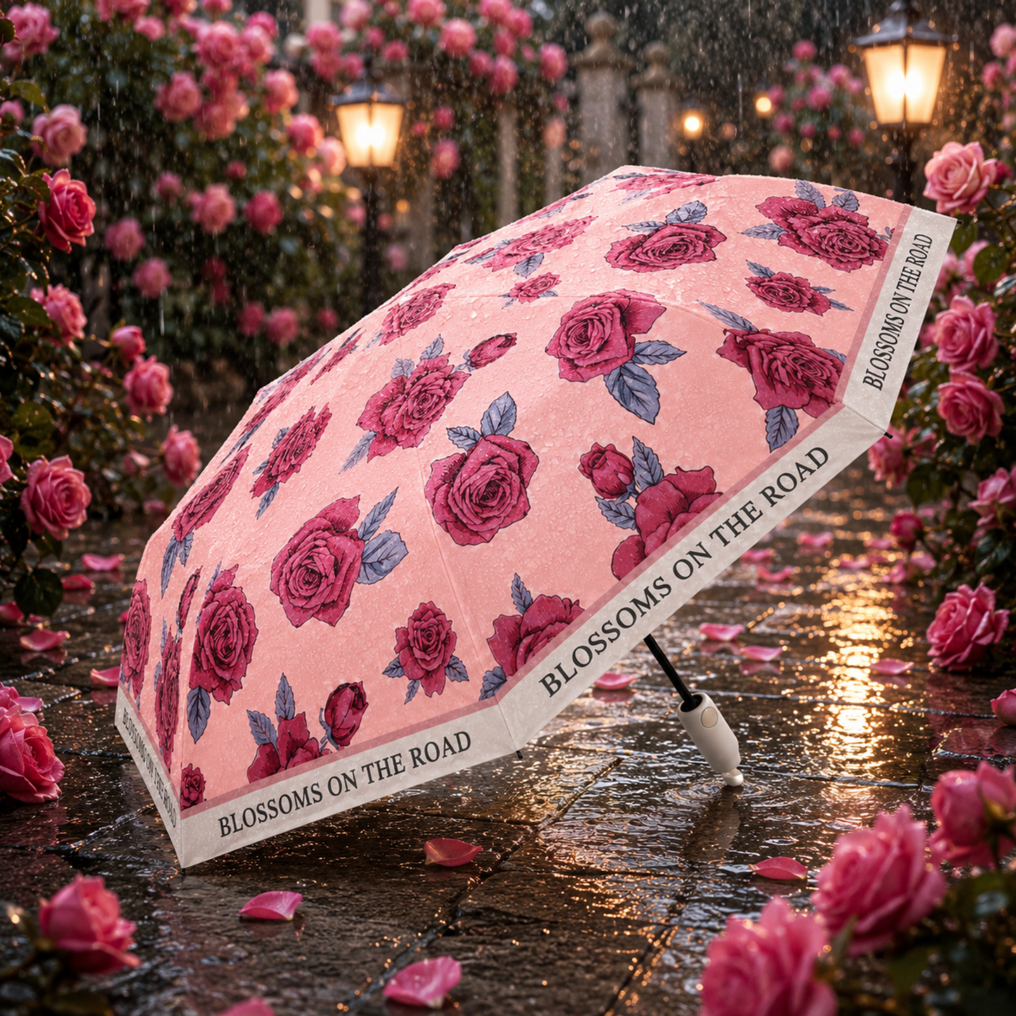Rose Print UV Protection Folding Umbrella with Lotus Grip