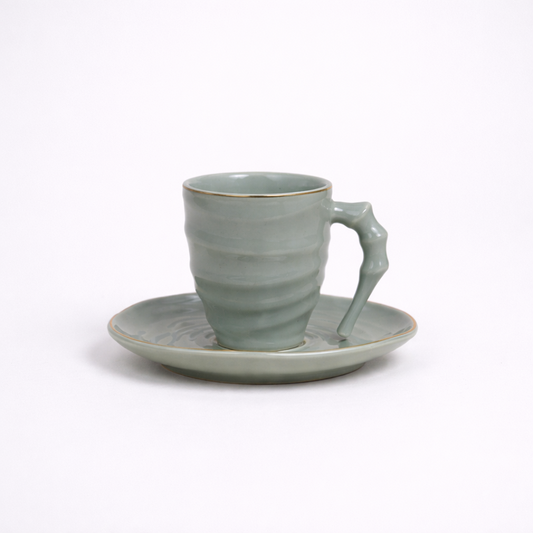Luxury Sage Green Ceramic Mug & Saucer Set with Gold Rim (6 Pcs)
