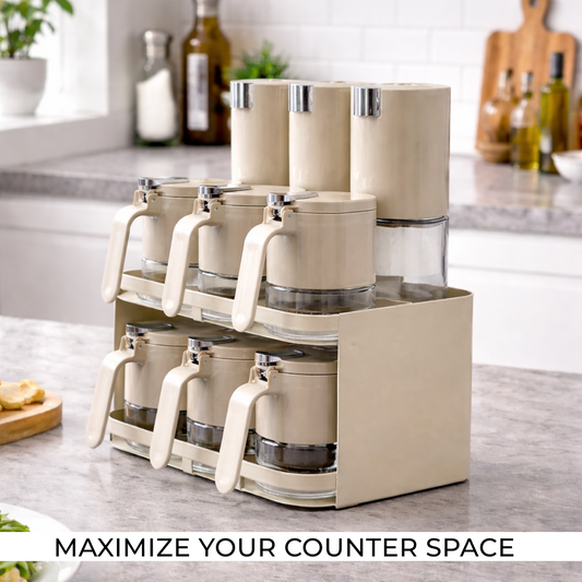 Premium 9-Piece Kitchen Spice Organiser | 6 Spice Jars & 3 Oil Bottles