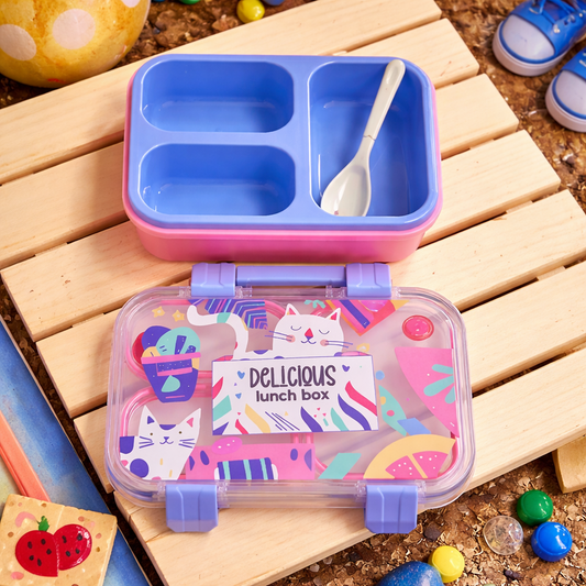 Cat Theme Plastic Bento Lunch Box with 3 compartments for Kids – 800ml