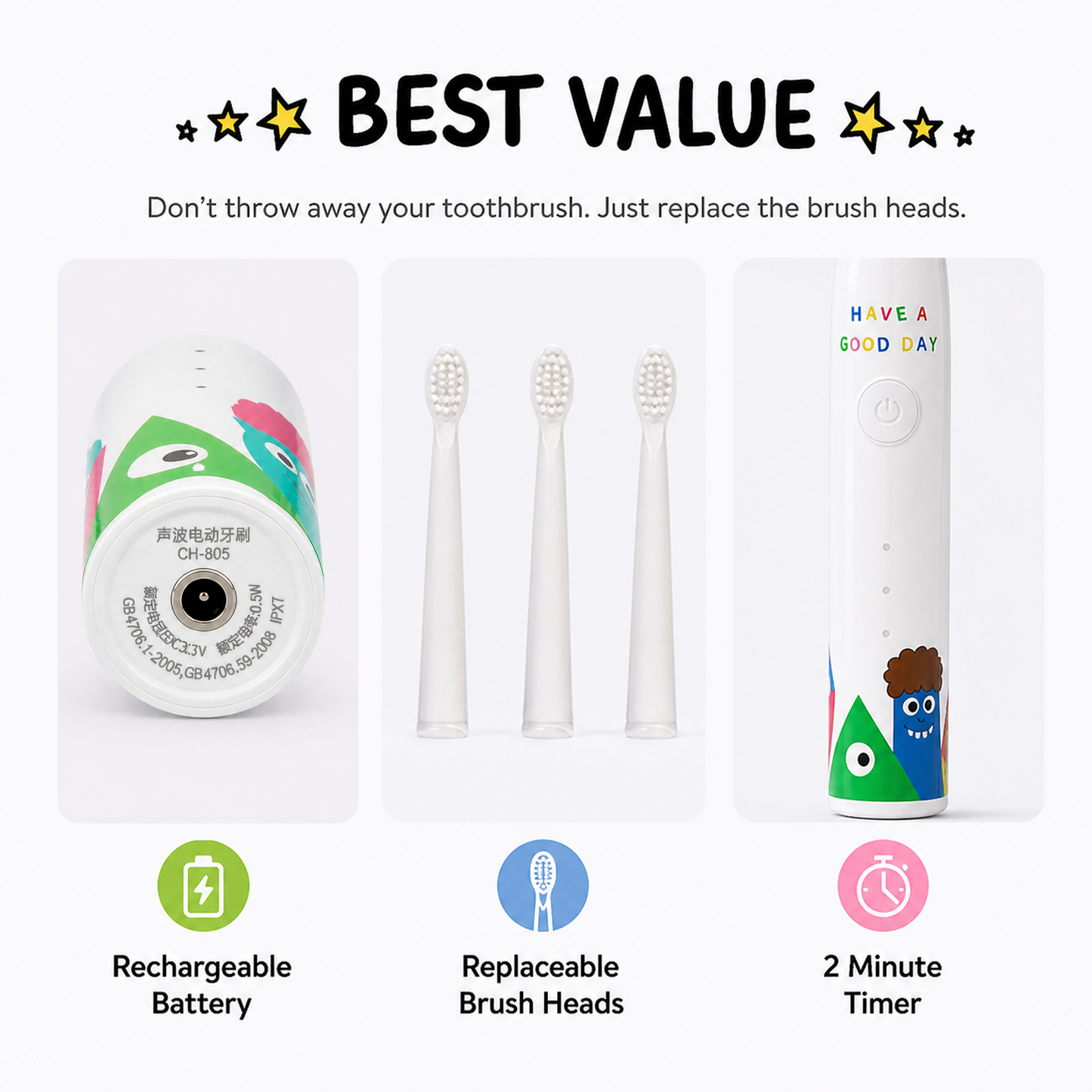 Kids Sonic Electric Toothbrush with 3 Modes & 4 Brush Heads