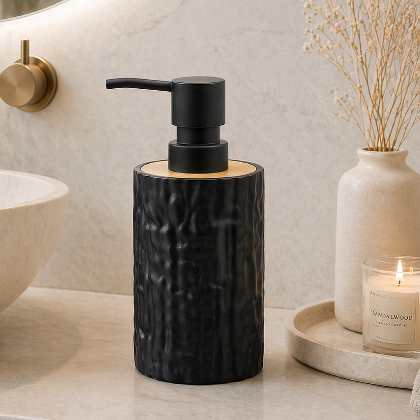 Unbreakable Textured Soap Dispenser with Bamboo Touch 380ml