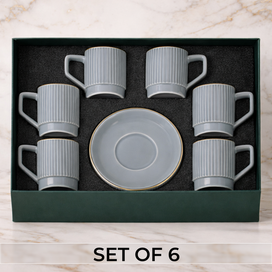 Premium Grey-Gold Rim Ribbed Ceramic Mug & Saucer - Set of 6 (100ml each)