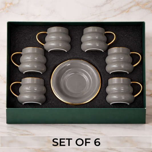 Luxury Smoky Grey Gold Rim Ceramic Mug & Saucer - Set of 6 (100ml each)