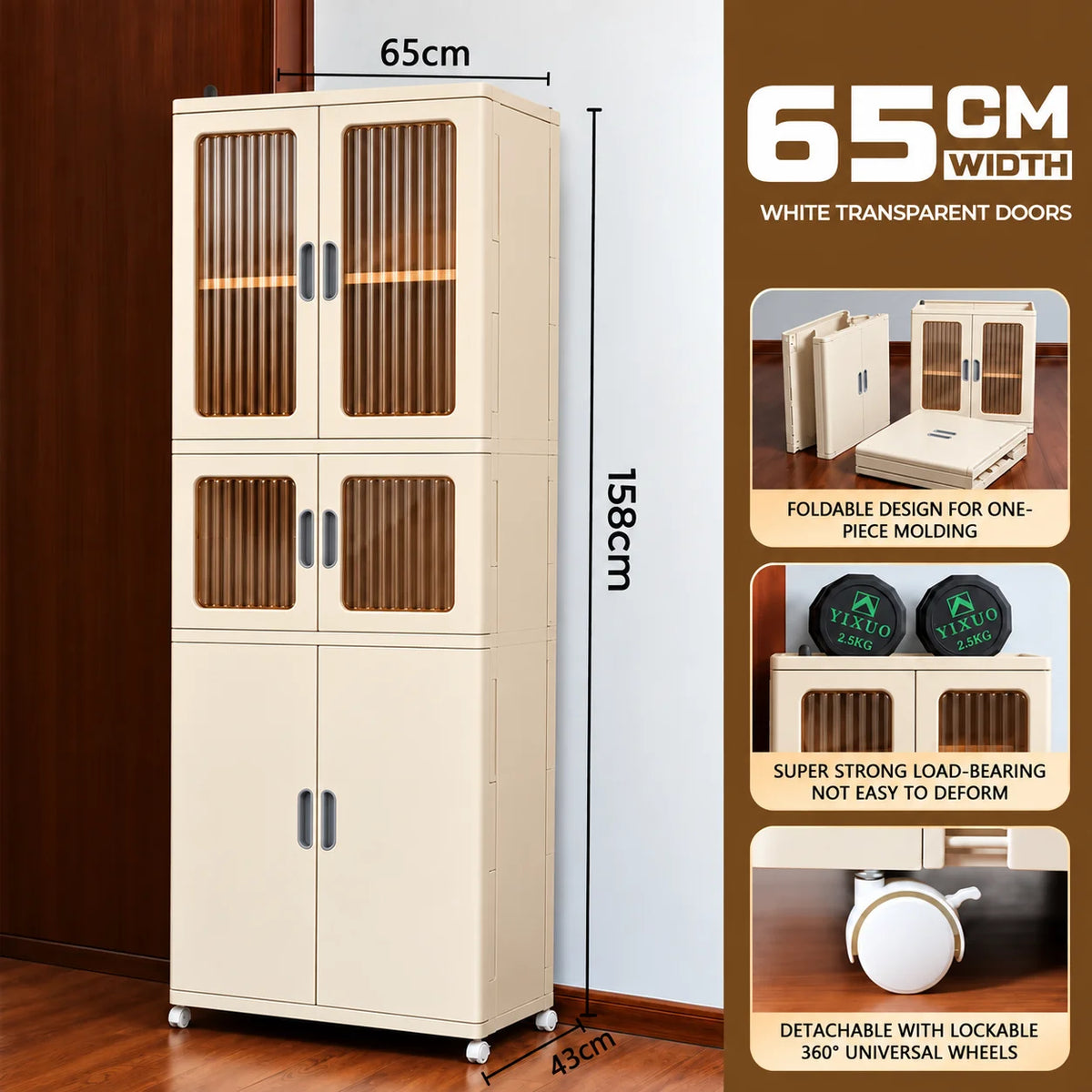 HOMX Premium-Quality Foldable Storage Cabinet with Transparent Doors & Wheels