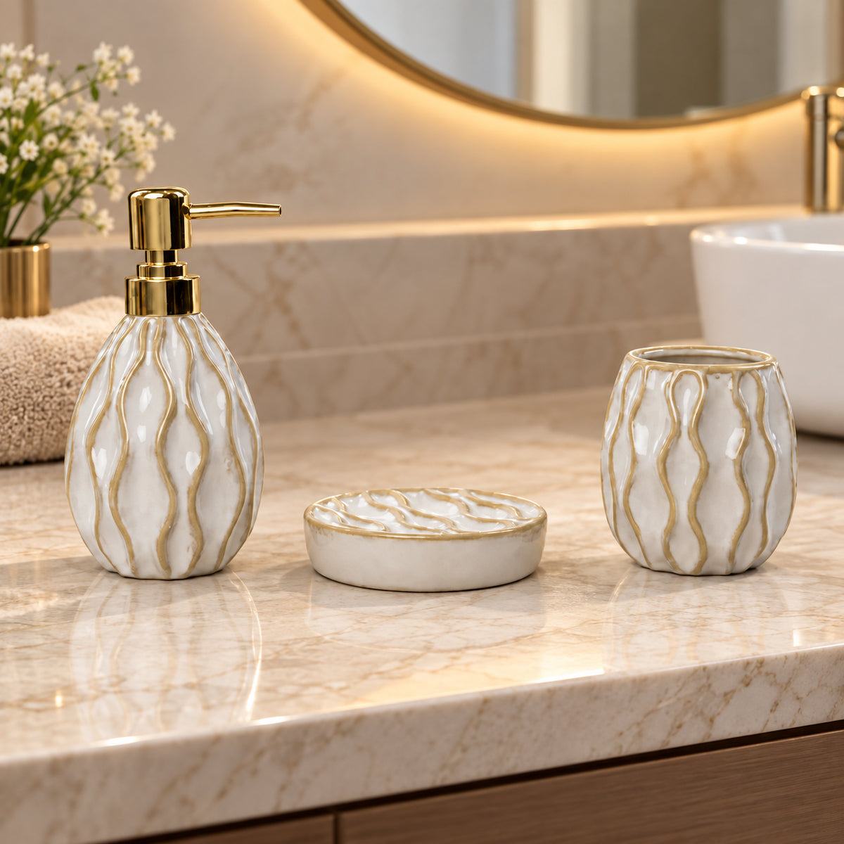 Luxury Ceramic Bath Accessories Set with Gold Finish - Set of 3