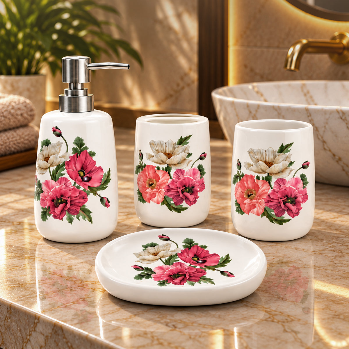 Ceramic Bathroom Set with Artistic Leaf Design - Set of 4