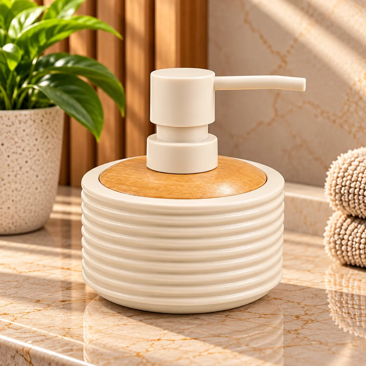 Unbreakable Matte Ribbed Soap Dispenser with Wooden Top 390ml