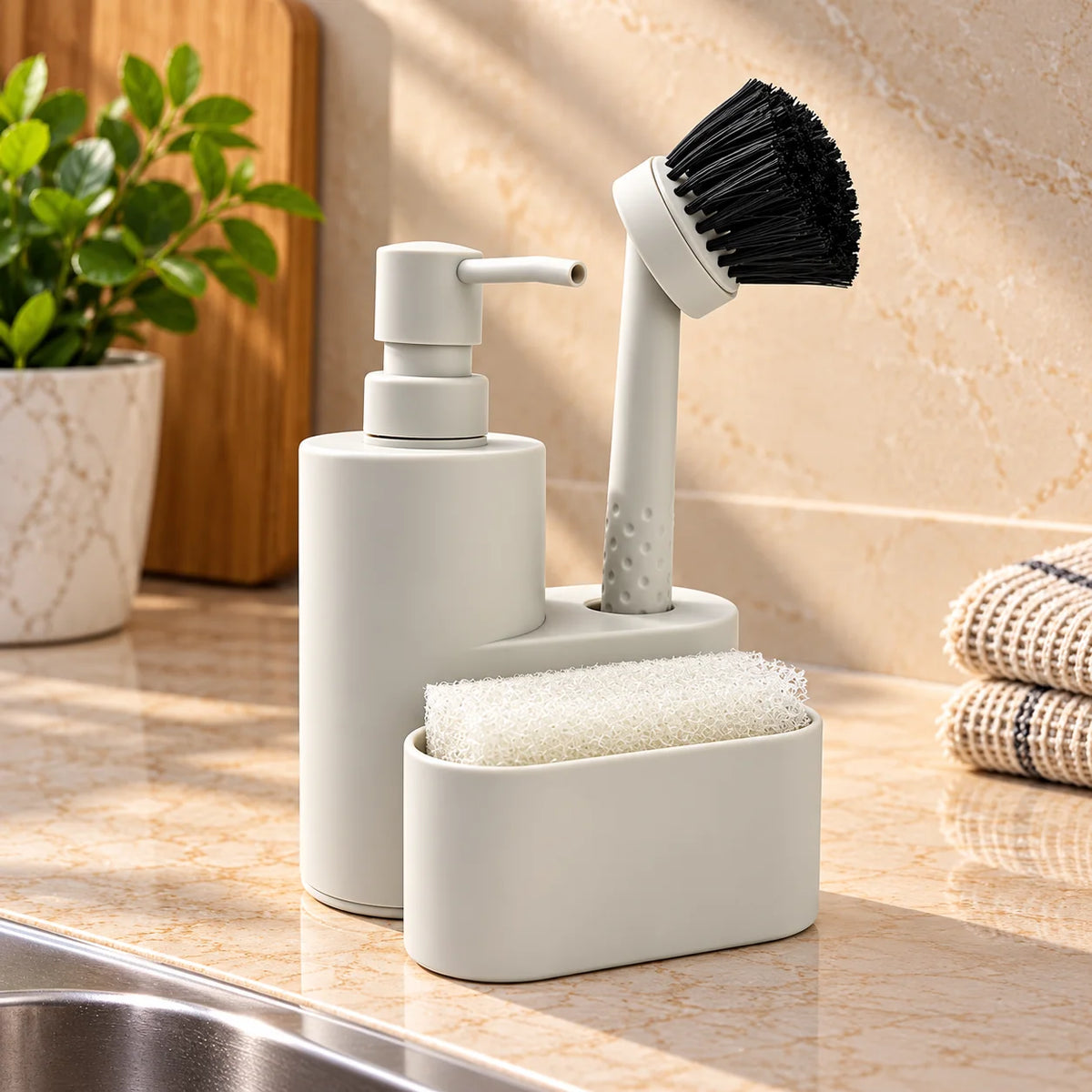 Premium PP 3-in-1 Kitchen Soap Dispenser with Brush Holder
