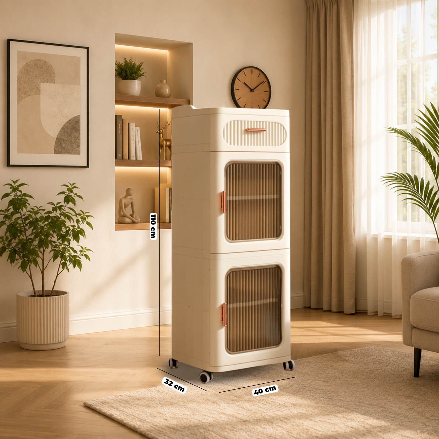 Elegant Fluted Storage Cabinet with Drawer, Door & Rolling Wheels