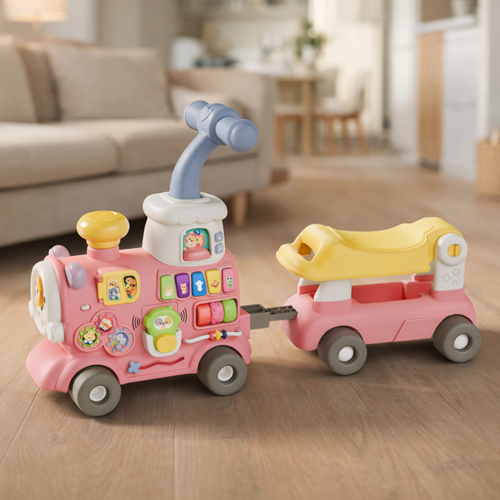 Toybie Baby Walker Cum Ride-On Train | 5-in-1 Musical Activity Toy with Detachable Seat, Interactive Panel & Trailer (6–36 Months) (Pink)