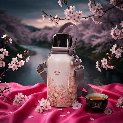 Daisy Bloom Floral Print Insulated Thermal Flask with strap 1200ml