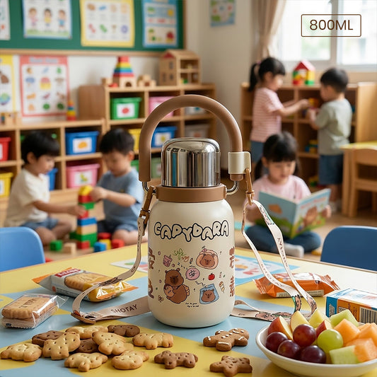 Cute Insulated Steel Flask/Bottle with Handle & Strap - 800ml