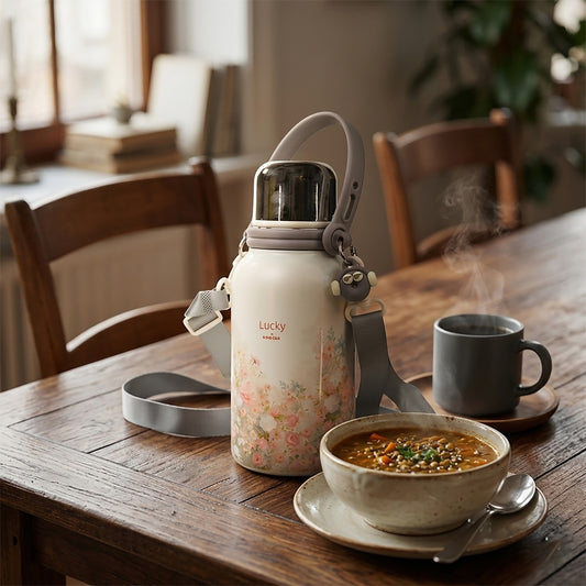 Daisy Bloom Floral Print Insulated Thermal Flask with strap 1200ml