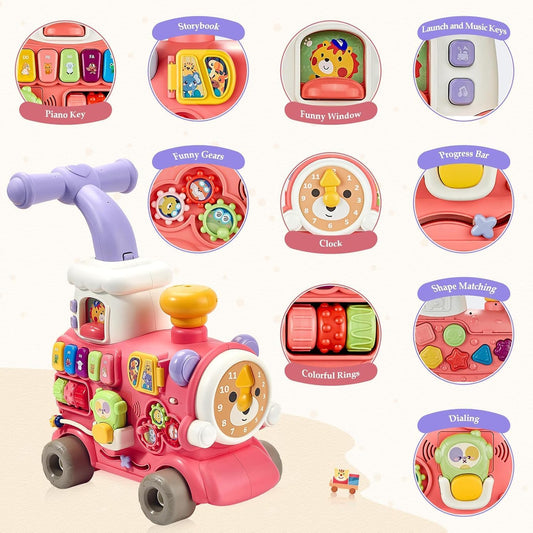 Toybie Baby Walker Cum Ride-On Train | 5-in-1 Musical Activity Toy with Detachable Seat, Interactive Panel & Trailer (6–36 Months) (Pink)