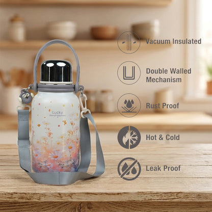 Daisy Bloom Floral Print Insulated Thermal Flask with strap 1200ml