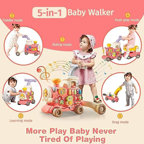Toybie Baby Walker Cum Ride-On Train | 5-in-1 Musical Activity Toy with Detachable Seat, Interactive Panel & Trailer (6–36 Months) (Pink)