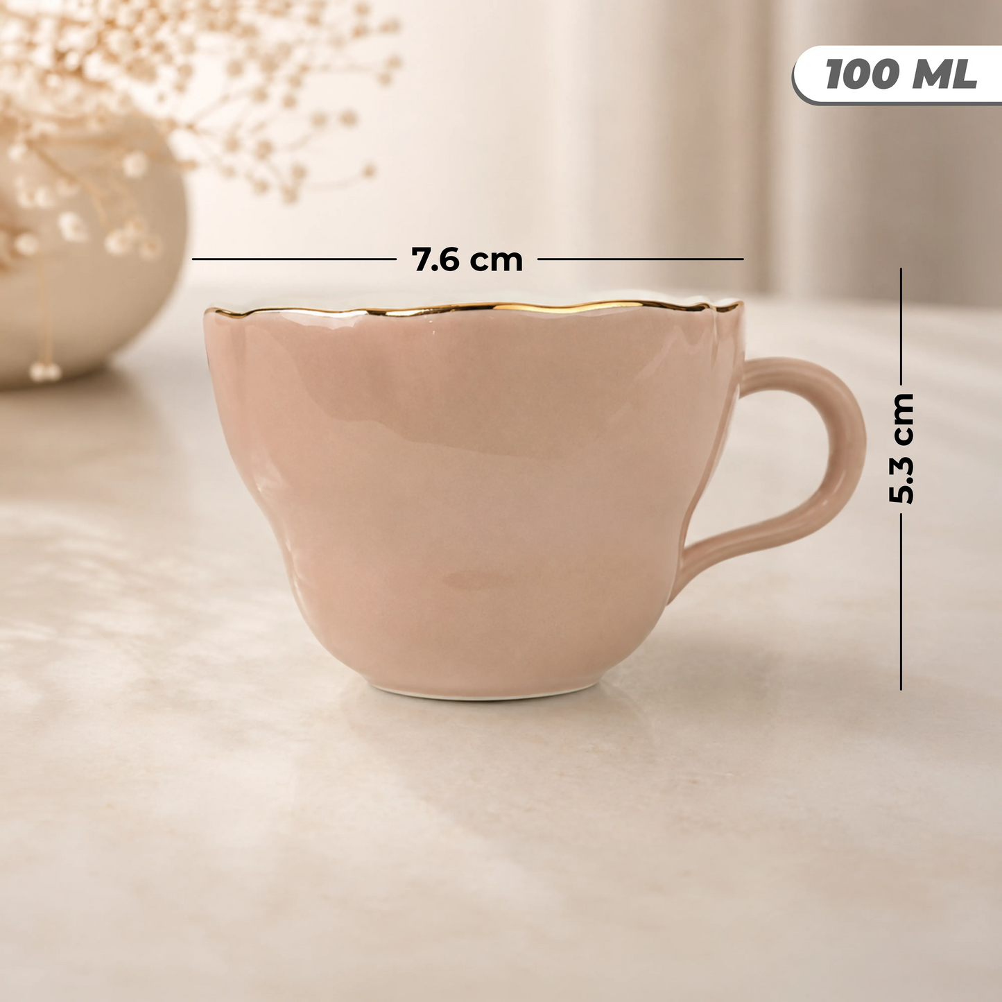 Blush Pink Gold-Rim Ceramic Tea Cup & Saucer Set of 6 (100ml each)