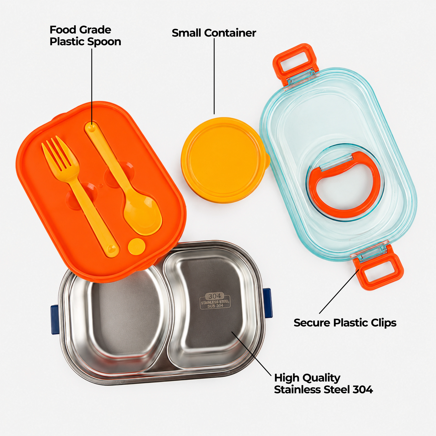 Kids Stainless Steel Lunch Box 2 Compartment with Spoon & Fork Set 900ml
