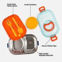 Kids Stainless Steel Lunch Box 2 Compartment with Spoon & Fork Set 900ml