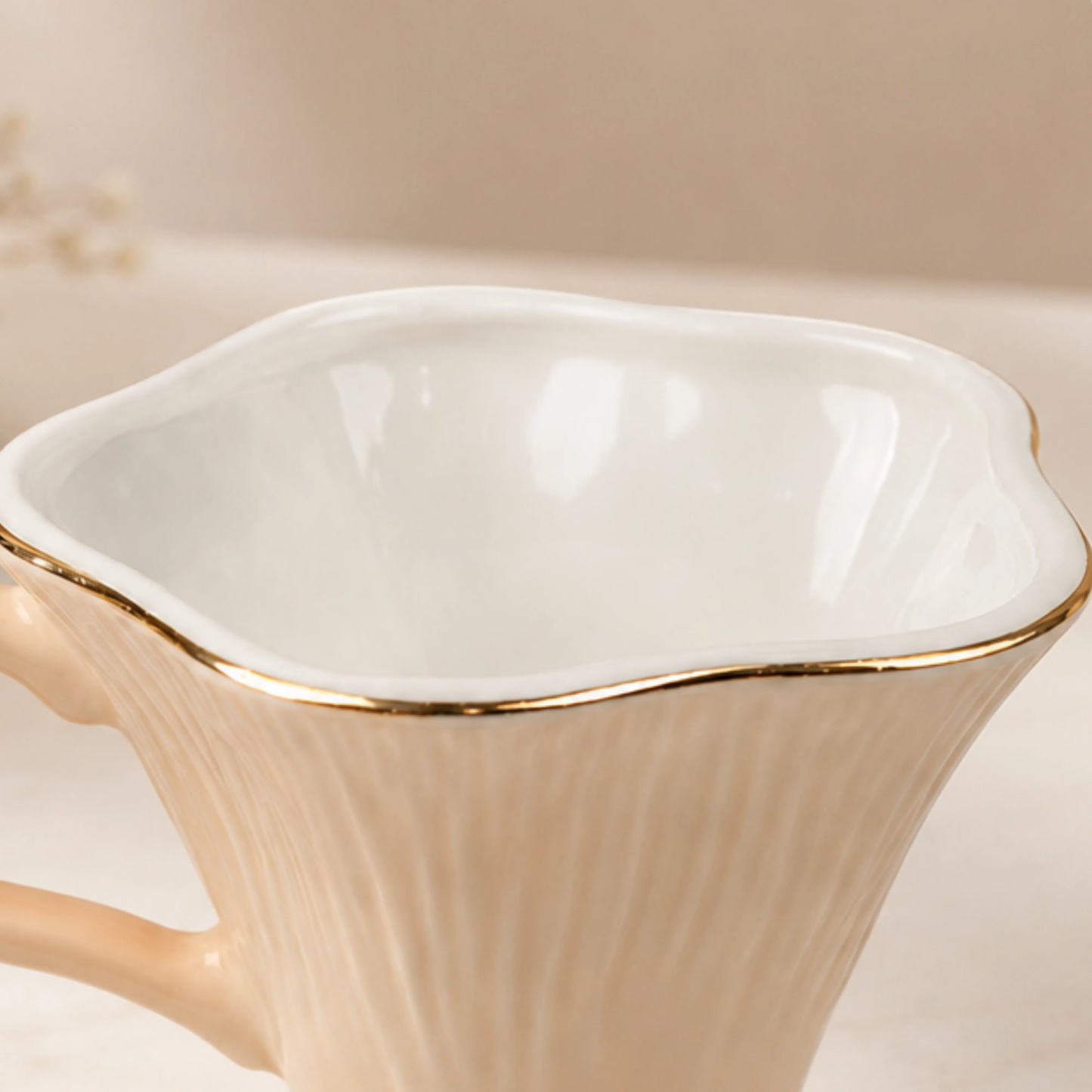 Premium Beige Ceramic Mug & Saucer with Gold Rim - Set of 6 (100ml each)