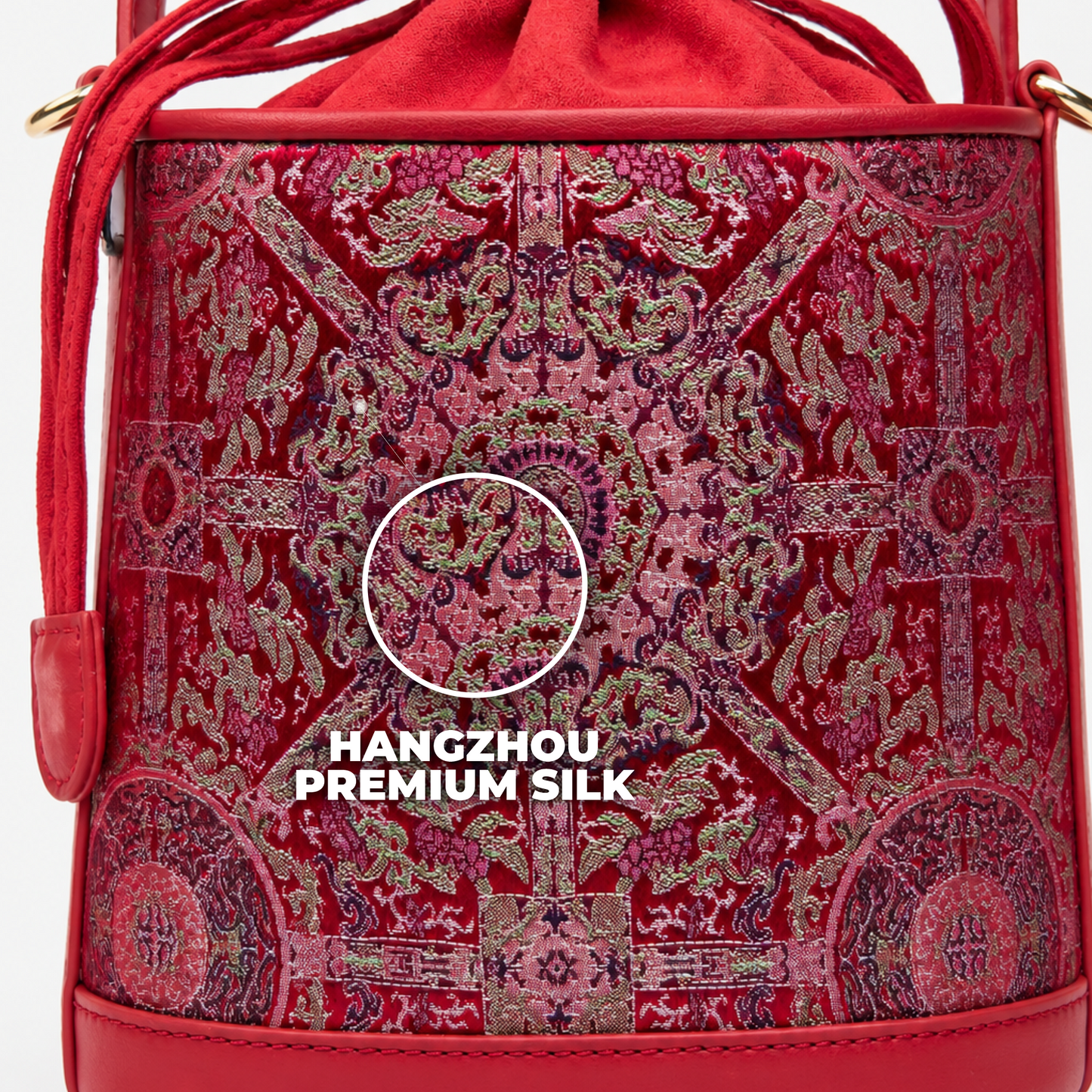 Printed Hangzhou Silk with Premium Leather Bucket Bag for Women