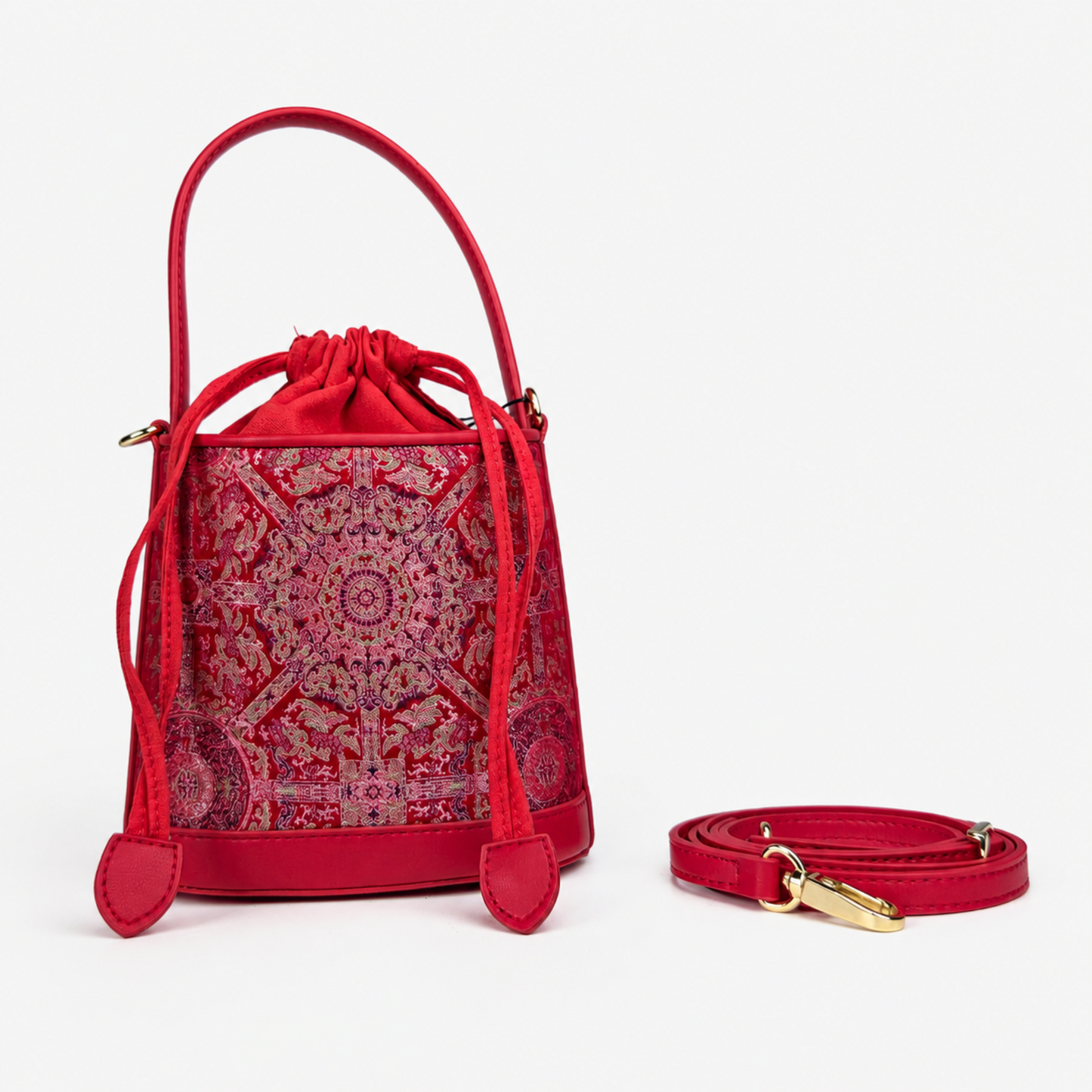 Printed Hangzhou Silk with Premium Leather Bucket Bag for Women