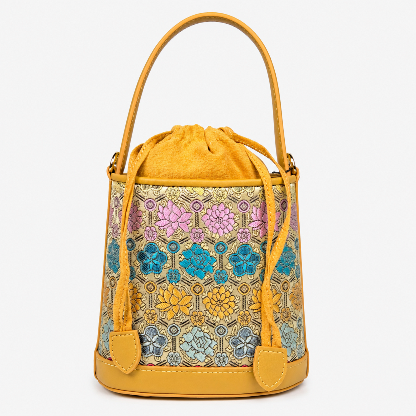 Printed Hangzhou Silk with Premium Leather Bucket Bag for Women