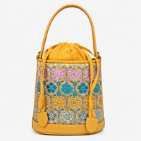 Printed Hangzhou Silk with Premium Leather Bucket Bag for Women