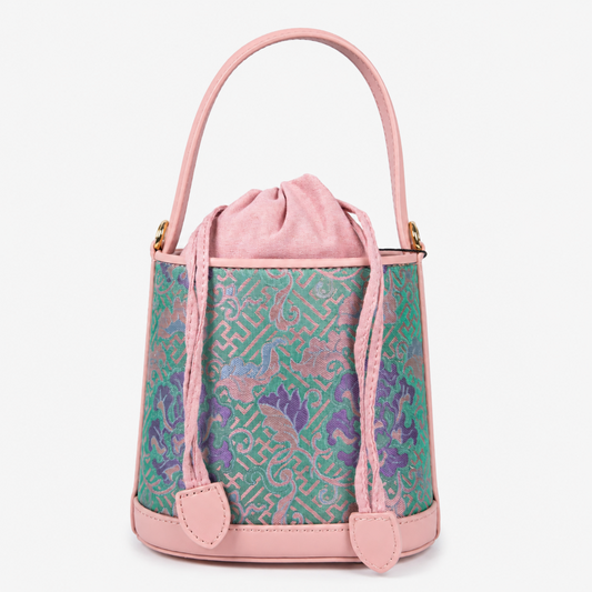 Printed Hangzhou Silk with Premium Leather Bucket Bag for Women