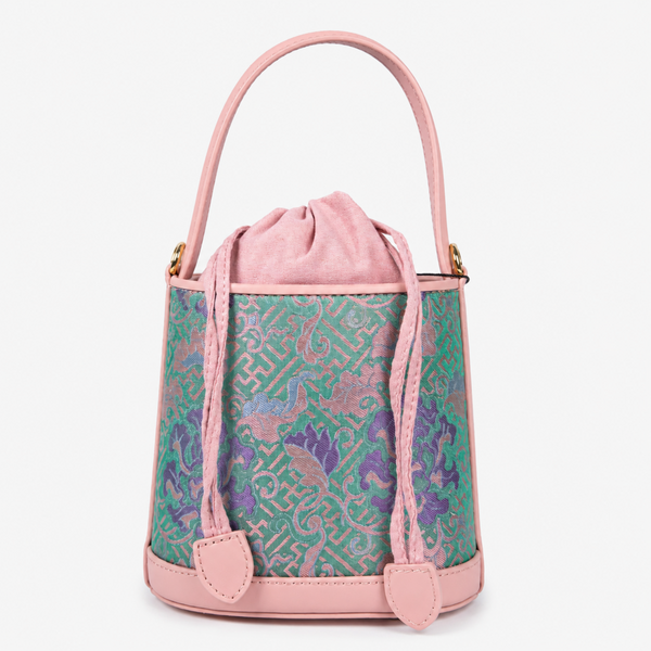Printed Hangzhou Silk with Premium Leather Bucket Bag for Women