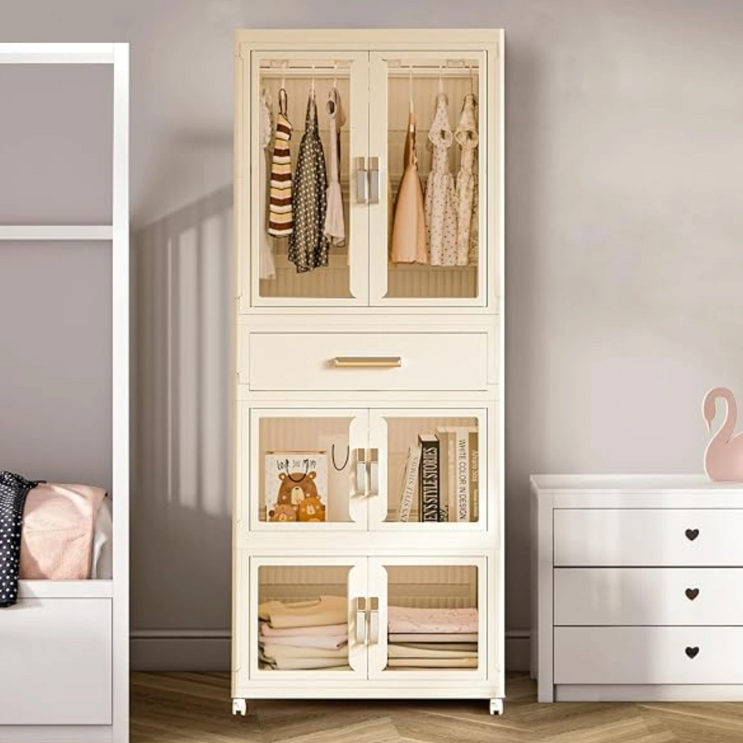 HOMX Foldable Wardrobe Closet – Storage Armoire with Wheels & Drawer